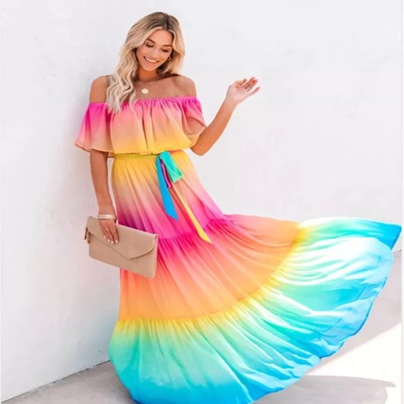 Rainbow Dress BOHO Maxi Off Shoulder - Ribbon Belt Waist - Flowing Hem - Picture 8 of 13